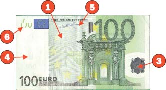 Как отличить евро. Как отличить фальшивую 100 евро. 100 Евро купюра подлинность. Признаки подлинности 100 евро. 100 Евро как отличить оригинал.